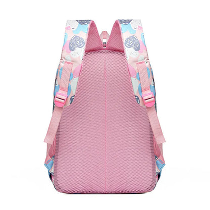 Student schoolbag with air pillow belt in blue, grey, pink, or rose red, made from Oxford cloth for burden reduction.