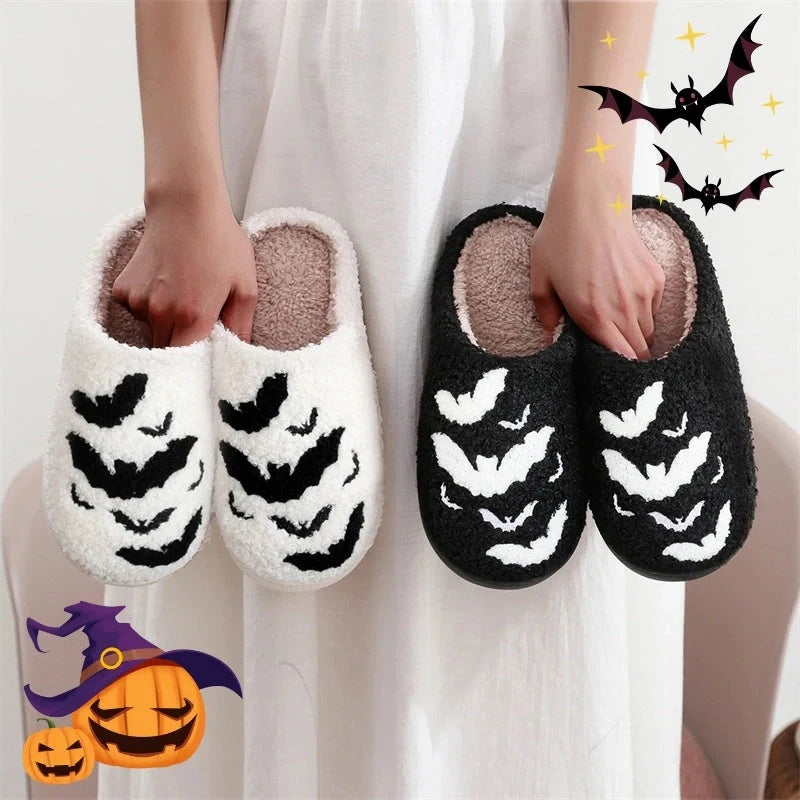 Halloween bat design plush slippers for indoor wear, available in white and black