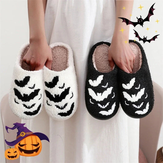 Halloween bat design plush slippers for indoor wear, available in white and black