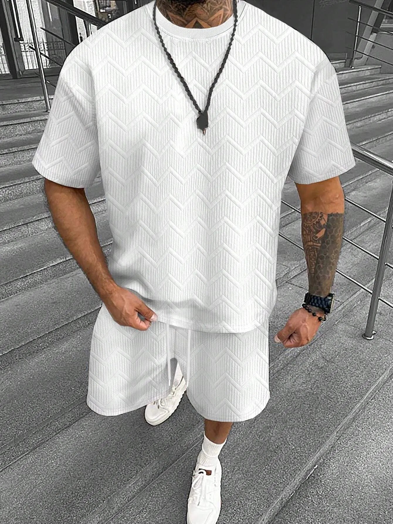 Men's short sleeve shorts suit with 3D digital printed pattern in polyester blend fabric