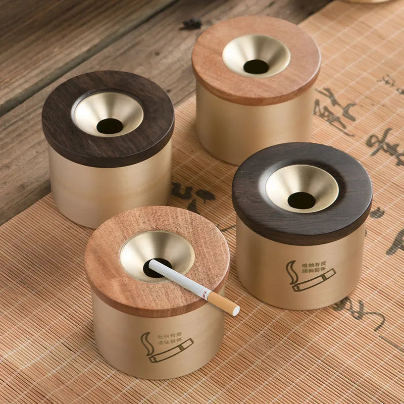 Creative retro brass ashtray with wooden lid on blackwood or rosewood, solid copper body, central hole design