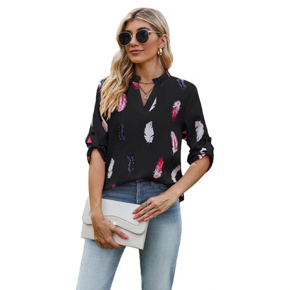 Stylish feather-printed pullover blouse in a variety of colors and sizes