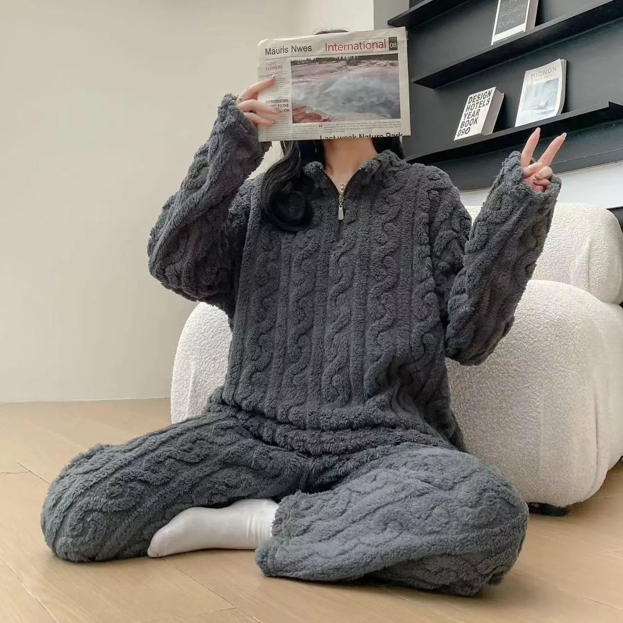 Twist zipper couple fleece-lined pajamas in various colors for winter warmth
