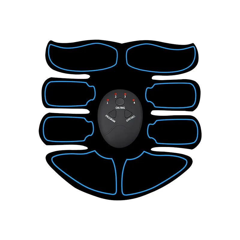 Digital display abdominal muscle patch with six massage pads and charging base in red, blue, and yellow edge options