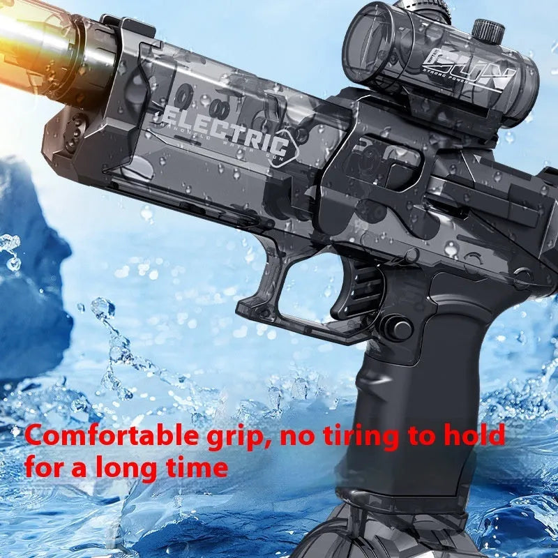 Black and blue electric water pistol toy with LED lights, shown with USB charging cable.