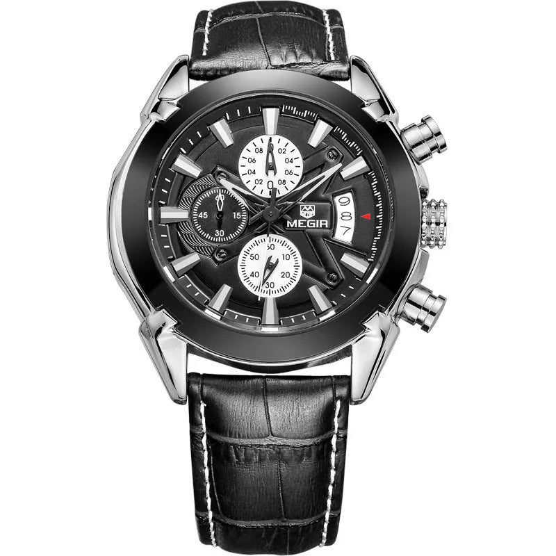 Men's brown and white surface quartz watch with three sub-dials and six luminous hands showing 15mm thickness