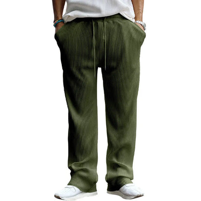 Men's casual loose striped high waist straight trousers in Army Green with micro elasticity