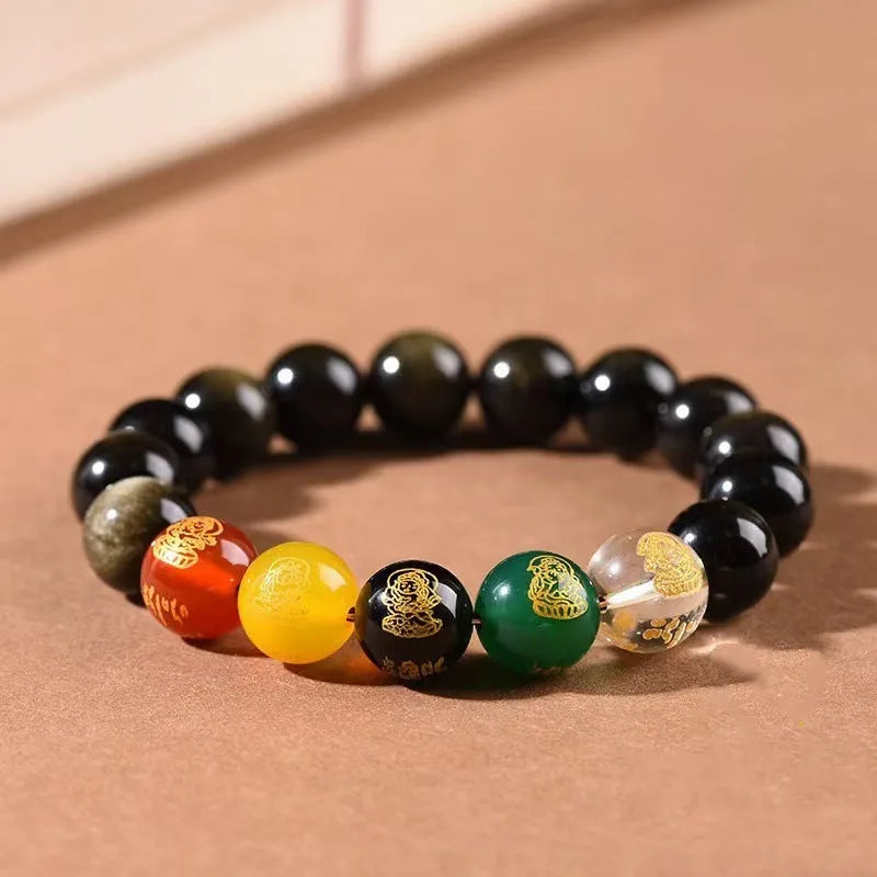 Single Circle Five Gods Of Wealth men's rainbow eye obsidian crystal bracelet in New Chinese style