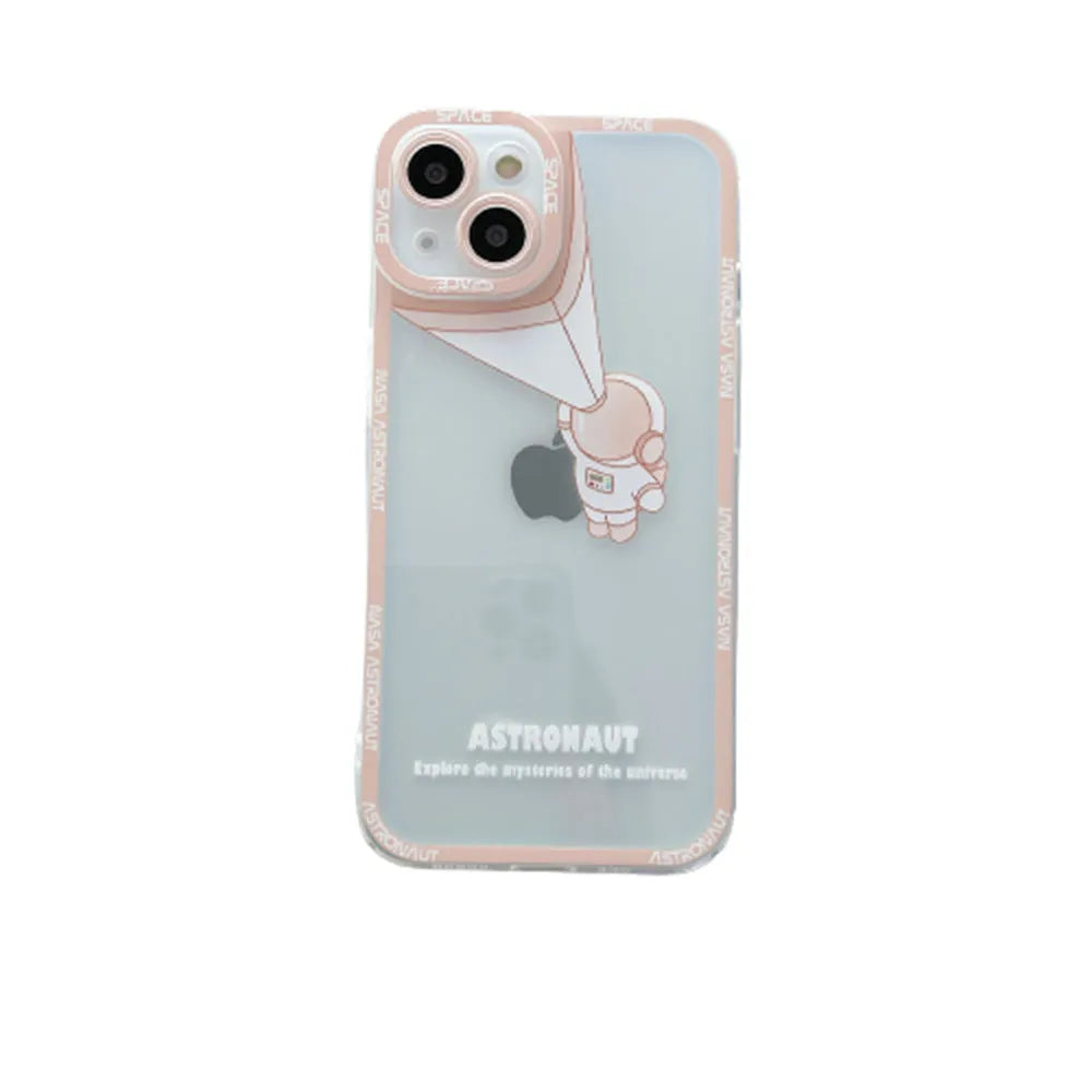 Transparent silicone iPhone case with blue astronaut print, shown on a phone.