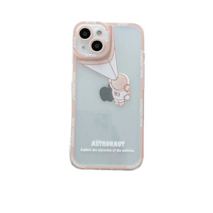 Transparent silicone iPhone case with blue astronaut print, shown on a phone.