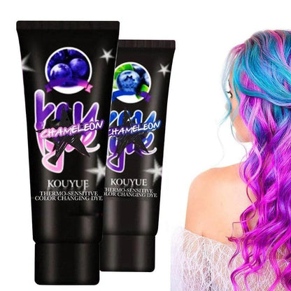 Thermochromic hair dye cream that changes color at 18°C, available in green yellow and black silver