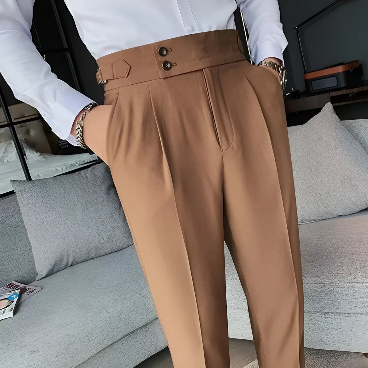 Retro high waist straight-leg casual trousers in a neutral colour, shown on a model.