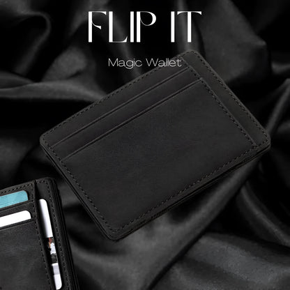 PU leather magic wallet flip card holder with zipper coin purse in solid colour