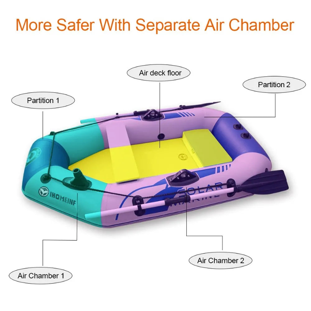 Inflatable kayak with 0.9mm environmental protection PVC hull, hard bottom, and foot pump, 4-person capacity.