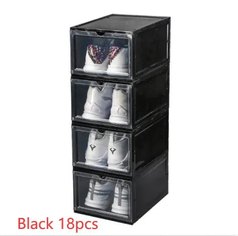 Foldable PP sneaker storage box with cover, internal size 32.5x23x17.5cm, black or transparent, stackable shoe organiser