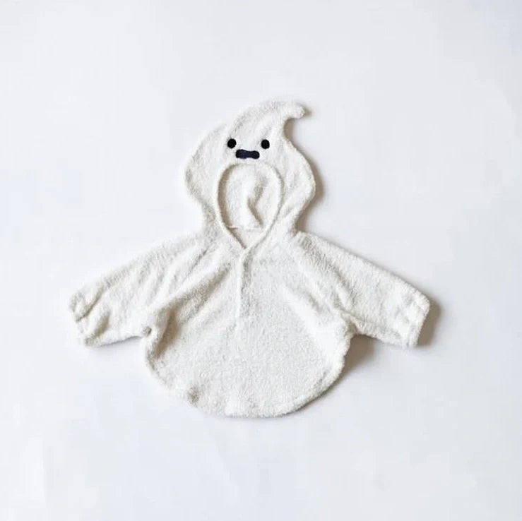 Baby wearing festival-themed plush top with hood and long sleeves in fleece fabric