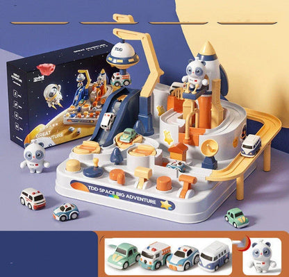 Space Adventure Puzzle Car Track toy with interlocking plastic pieces forming 33cm orbital circuit