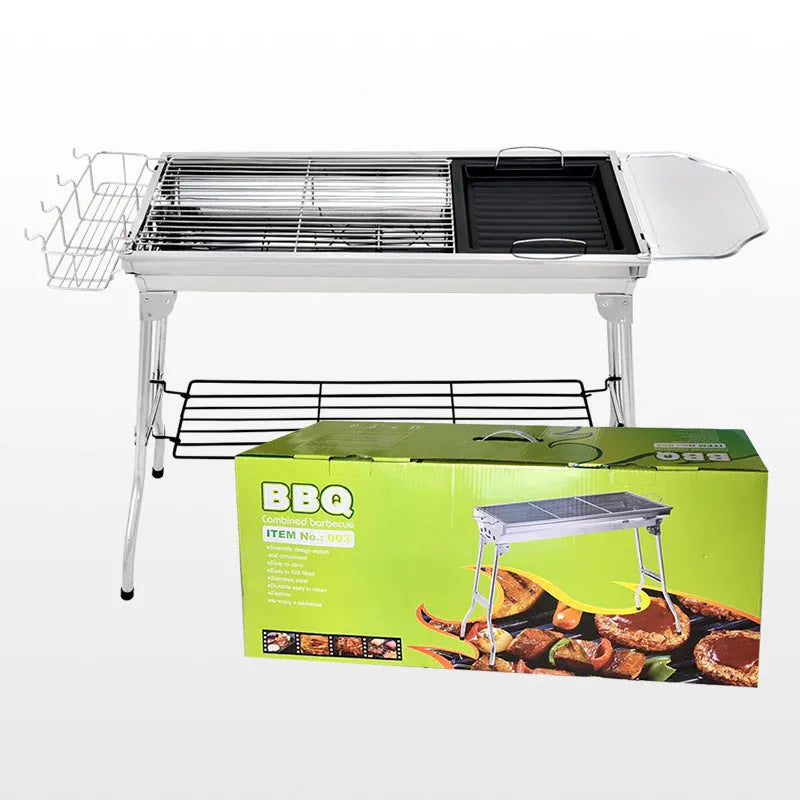 Stainless steel portable folding barbecue oven with 73cm wide grill surface for outdoor cooking