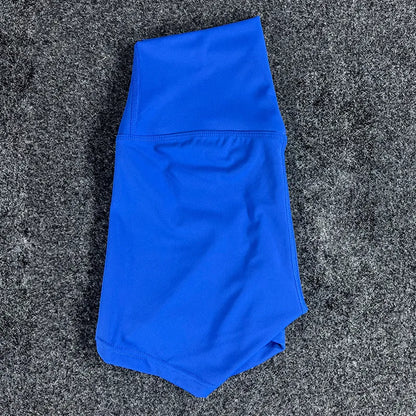 High-waisted yoga shorts in nylon fabric for moisture-wicking during sports, available in multiple colours and sizes.