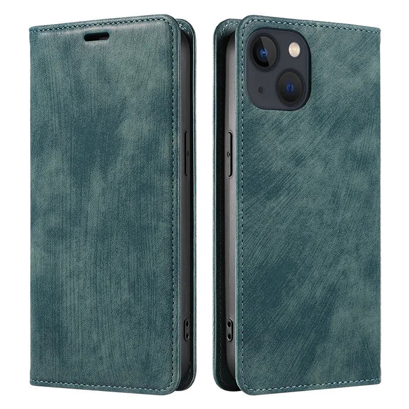 Magnetic flip phone case cover in seven colours for iPhone models with TPU and leather construction