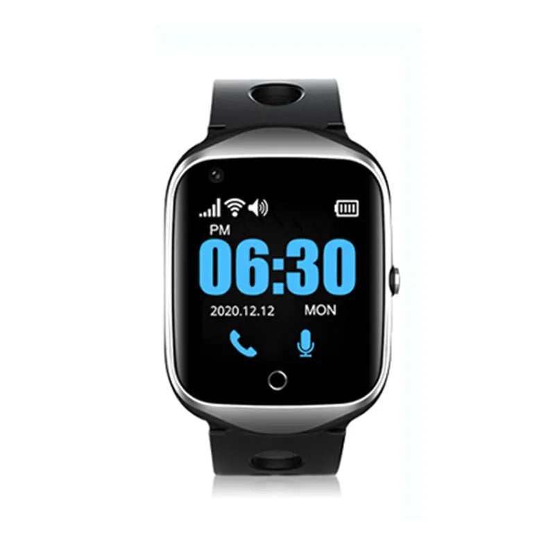 Square dial elderly phone watch with silicone strap in black, blue, or silver colour options showing 1.3-inch screen