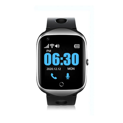 Square dial elderly phone watch with silicone strap in black, blue, or silver colour options showing 1.3-inch screen