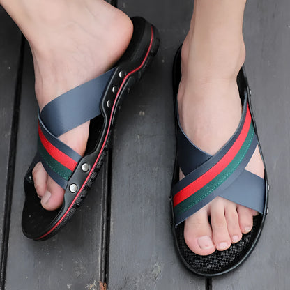 Men's cowhide flip-flops with non-slip PU sole in black, blue, or white, showing UK sizes 38-48 for beach and home use