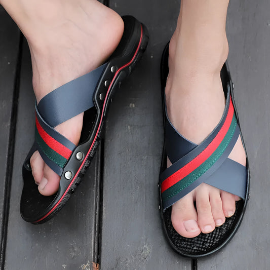 Men's cowhide flip-flops with non-slip PU sole in black, blue, or white, showing UK sizes 38-48 for beach and home use