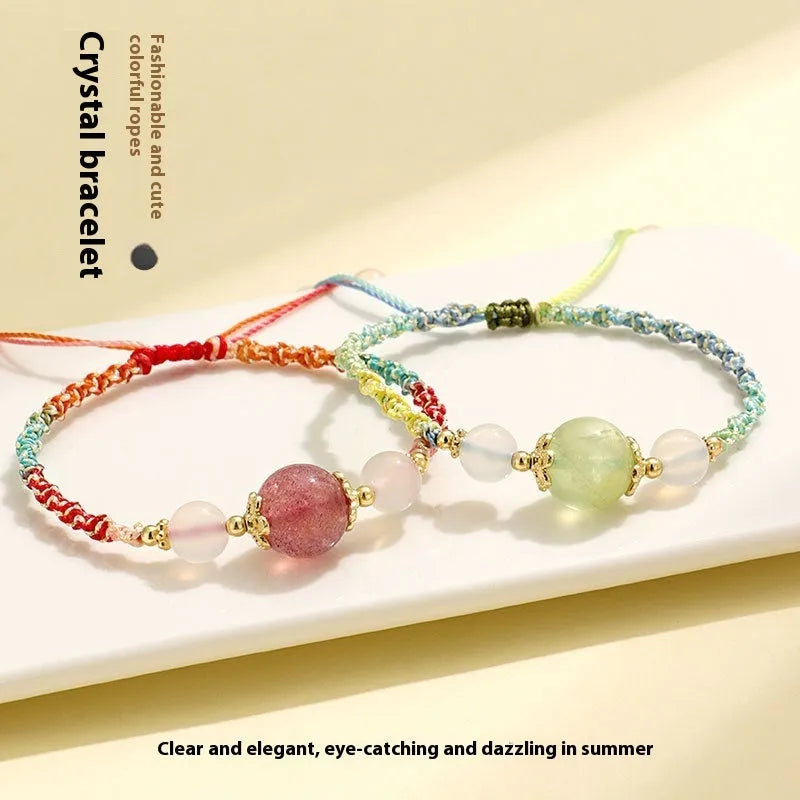 Couple bracelets for women with hand-woven construction featuring 12mm gemstone beads and 8mm white agate beads, available in strawberry quartz, Madagascar pink crystal, and prehnite colour options with diamond-shaped accents and electroplating finish.