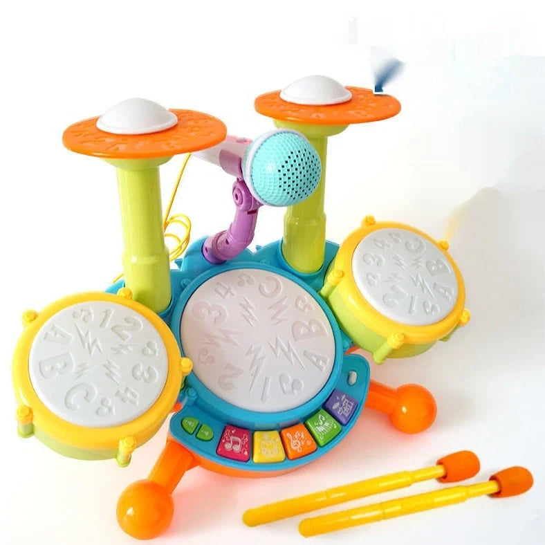 Yellow plastic children's hand-tapping drum toy with electronic sound activation