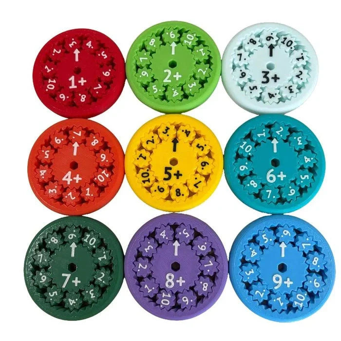 Colorful math fact fidget spinners with addition, subtraction, multiplication, and division equations for interactive learning and math practice