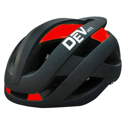 Adult adjustable mountain bike helmet in matte black with coloured graphics, showing ventilation net and sizing dial.