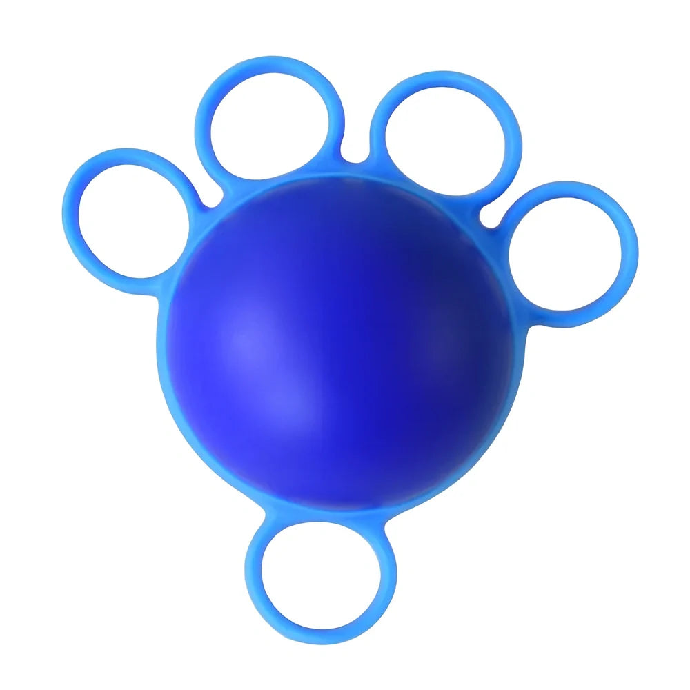 Blue four-finger grip training ball showing 10x9cm spherical design with silicone sleeve
