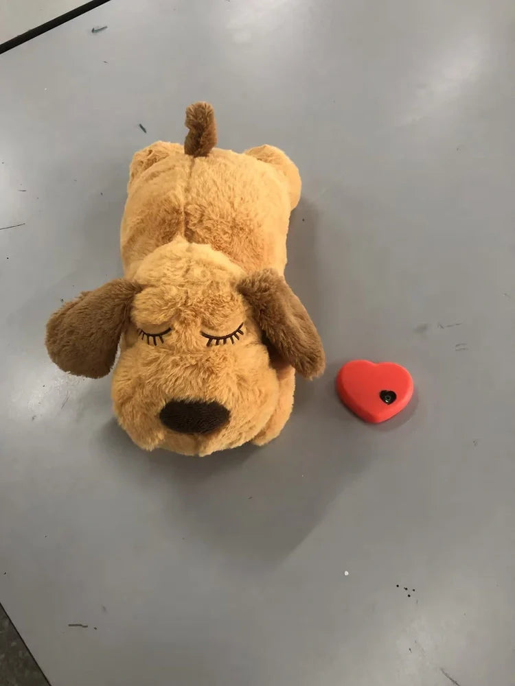 Light brown plush dog toy measuring 37cm long with heartbeat accessory for pet anxiety relief
