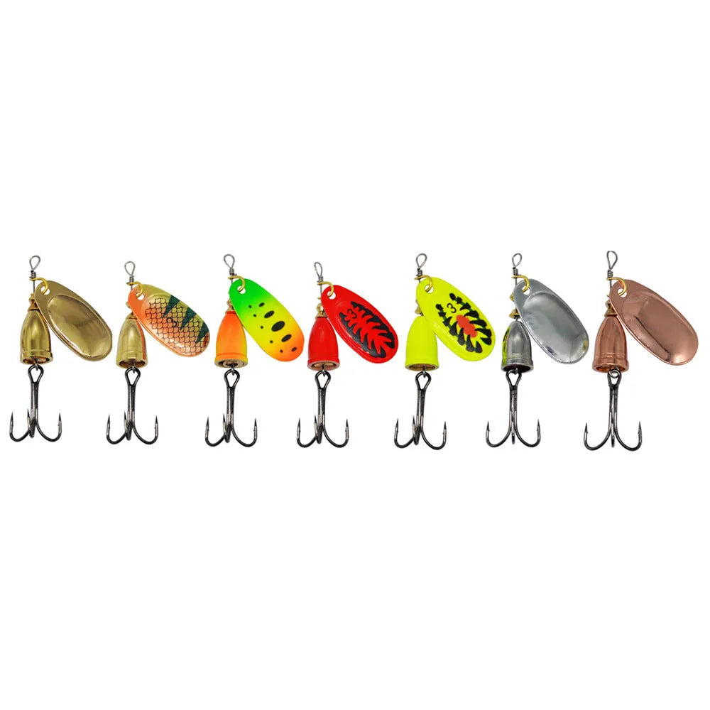 R Composite Rotating Sequins Copper Bell Fishing Lure in multiple metallic colours showing 3# size and construction details