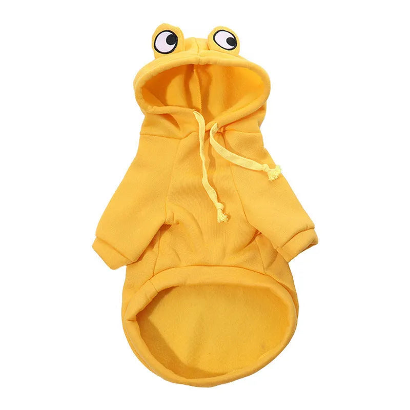 Green frog costume hoodie for a small dog, showing hood with ears and sweatshirt body.