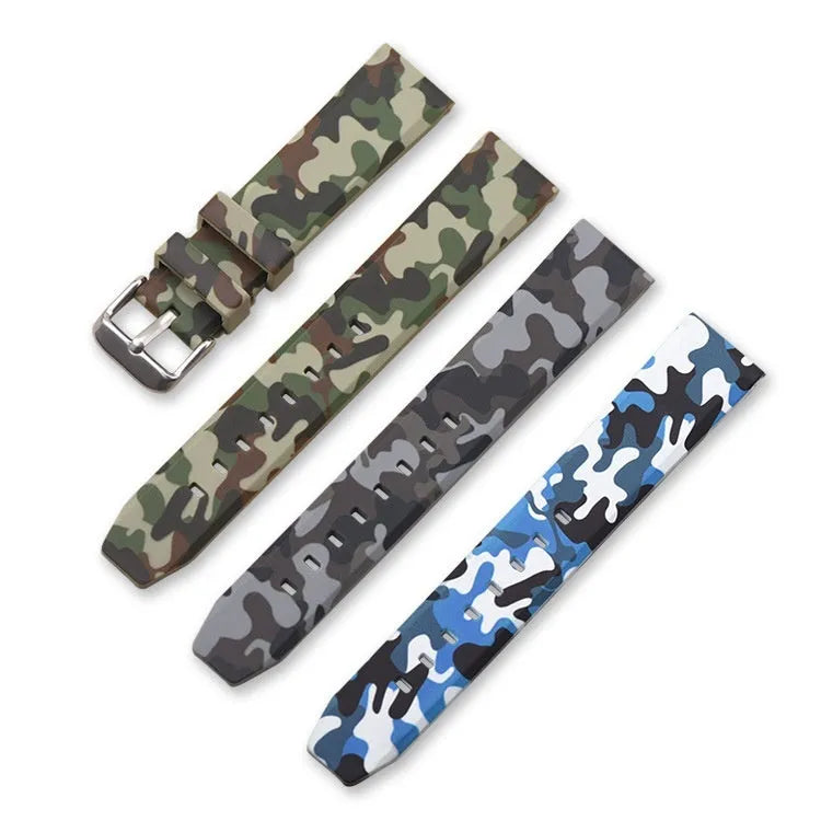 Camouflage pattern silicone watch strap showing blue, grey, and green options with flat head connectors