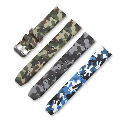 Camouflage pattern silicone watch strap showing blue, grey, and green options with flat head connectors