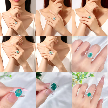 S925 silver emerald ring with palaibahao inlaid high carbon diamond, geometric design with elliptical elements