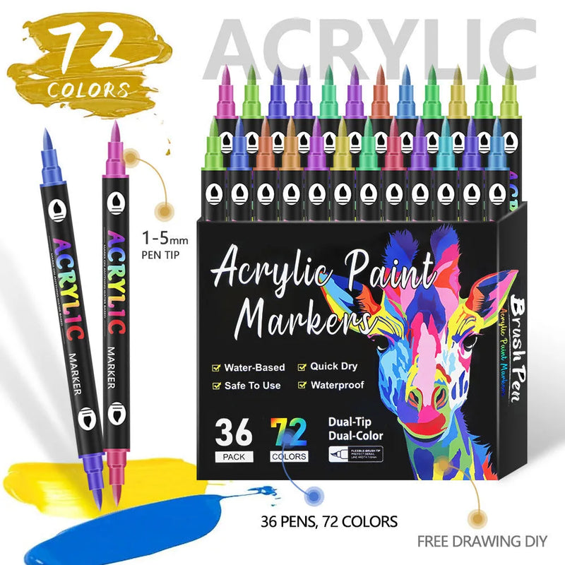 Double-headed acrylic marker pens with washable opaque colours and quick-drying ink for art, crafts, lettering, and school projects, available in sets of 12 pieces with 24 colours, 24 pieces with 48 colours, or 36 pieces with 72 colours