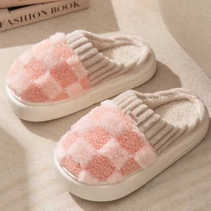 Women's plaid pattern plush slippers with coral velvet upper and non-slip sole in multiple colour options