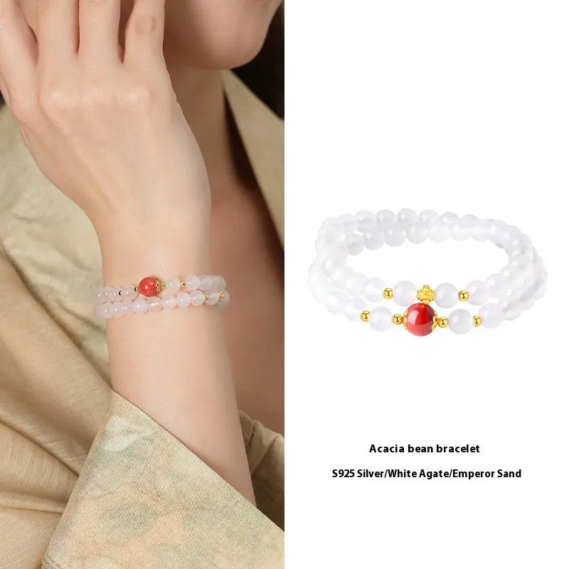 White agate double layer women's bracelet with 6mm geometrical beads and polished finish