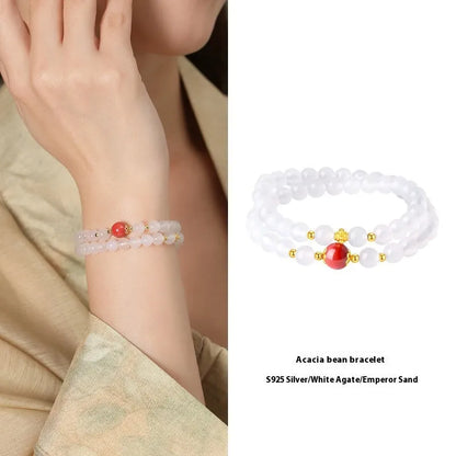 White agate double layer women's bracelet with 6mm geometrical beads and polished finish