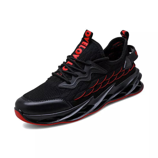 Breathable mesh running shoes with thick rubber sole in black and red or grey and orange