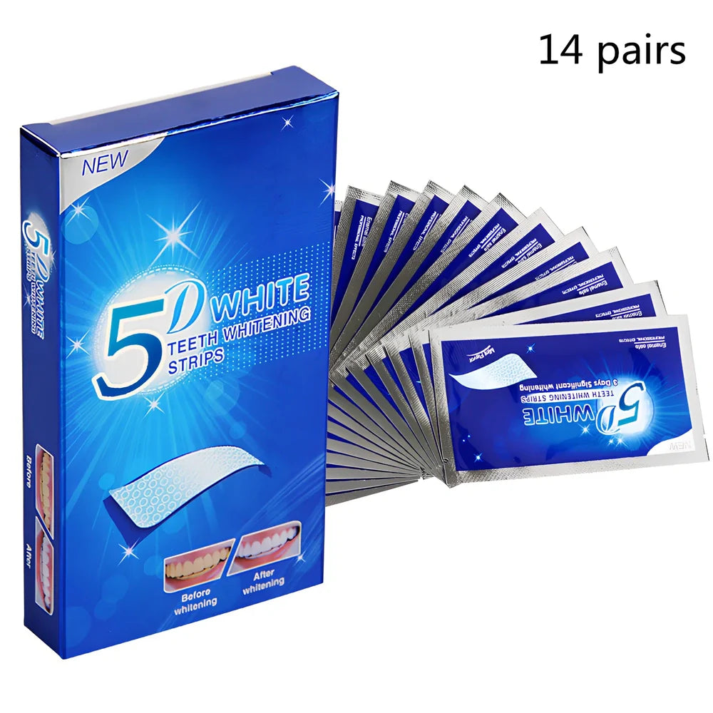 5D Gel Teeth Whitening Strips package showing flexible strips that mould to teeth with no-slip grip