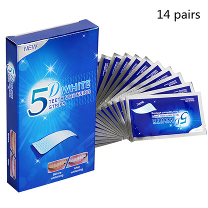 5D Gel Teeth Whitening Strips package showing flexible strips that mould to teeth with no-slip grip