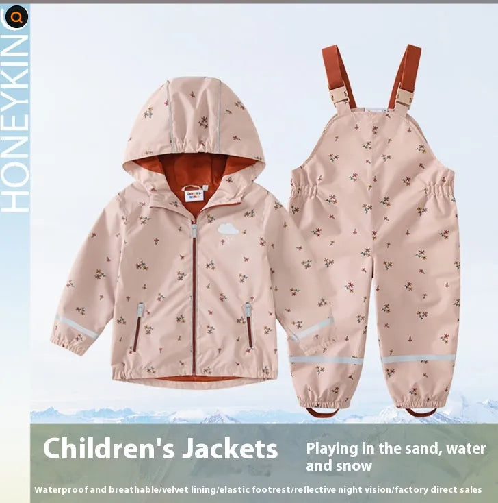 Children's pink floral hooded raincoat and matching rain pants set with reflective night vision detailing