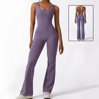 Women's sleeveless flare jumpsuit for yoga in high elasticity polyester fabric.