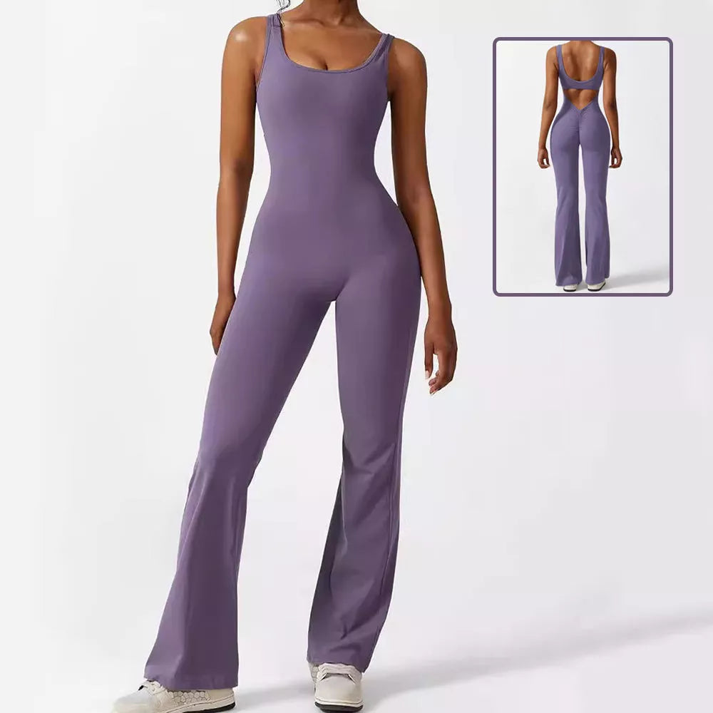 Women's sleeveless flare jumpsuit for yoga and fitness in various colors