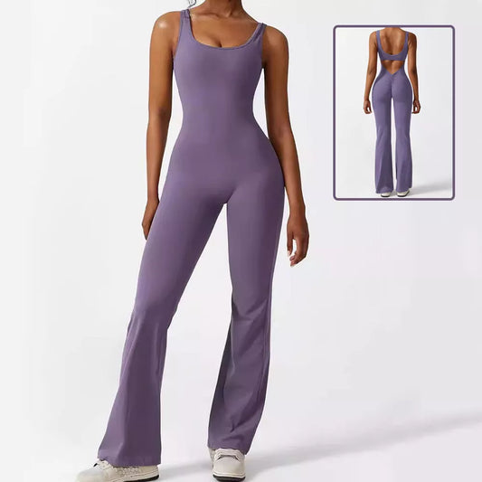 Women's sleeveless flare jumpsuit for yoga and fitness in various colors